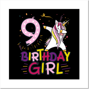 Funny Birthday Gift 9 year old Girl Dabbing Unicorn T-Shirt Posters and Art